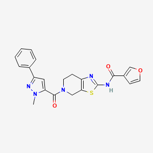 molecular formula C22H19N5O3S B2862647 N-(5-(1-methyl-3-phenyl-1H-pyrazole-5-carbonyl)-4,5,6,7-tetrahydrothiazolo[5,4-c]pyridin-2-yl)furan-3-carboxamide CAS No. 1428352-15-1