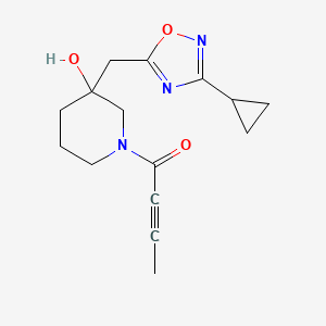 molecular formula C15H19N3O3 B2862709 1-[3-[(3-Cyclopropyl-1,2,4-oxadiazol-5-yl)methyl]-3-hydroxypiperidin-1-yl]but-2-yn-1-one CAS No. 2224080-96-8