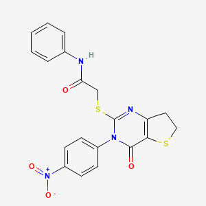 molecular formula C20H16N4O4S2 B2862736 2-((3-(4-nitrophenyl)-4-oxo-3,4,6,7-tetrahydrothieno[3,2-d]pyrimidin-2-yl)thio)-N-phenylacetamide CAS No. 687567-99-3