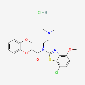 molecular formula C21H23Cl2N3O4S B2862761 N-(7-chloro-4-methoxybenzo[d]thiazol-2-yl)-N-(2-(dimethylamino)ethyl)-2,3-dihydrobenzo[b][1,4]dioxine-2-carboxamide hydrochloride CAS No. 1329626-76-7