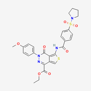 molecular formula C27H26N4O7S2 B2862820 Ethyl 3-(4-methoxyphenyl)-4-oxo-5-[(4-pyrrolidin-1-ylsulfonylbenzoyl)amino]thieno[3,4-d]pyridazine-1-carboxylate CAS No. 851977-69-0