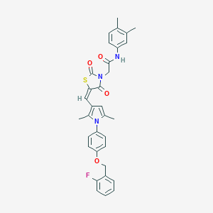 molecular formula C33H30FN3O4S B286284 N-(3,4-dimethylphenyl)-2-{5-[(1-{4-[(2-fluorobenzyl)oxy]phenyl}-2,5-dimethyl-1H-pyrrol-3-yl)methylene]-2,4-dioxo-1,3-thiazolidin-3-yl}acetamide 