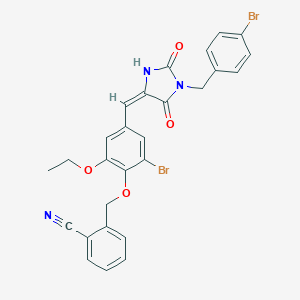 molecular formula C27H21Br2N3O4 B286285 2-[(2-bromo-4-{(E)-[1-(4-bromobenzyl)-2,5-dioxoimidazolidin-4-ylidene]methyl}-6-ethoxyphenoxy)methyl]benzonitrile 