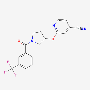 molecular formula C18H14F3N3O2 B2862895 2-((1-(3-(Trifluoromethyl)benzoyl)pyrrolidin-3-yl)oxy)isonicotinonitrile CAS No. 1904028-47-2
