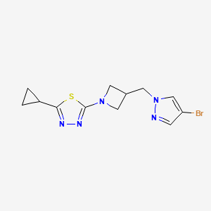 molecular formula C12H14BrN5S B2862898 2-[3-[(4-Bromopyrazol-1-yl)methyl]azetidin-1-yl]-5-cyclopropyl-1,3,4-thiadiazole CAS No. 2415603-08-4