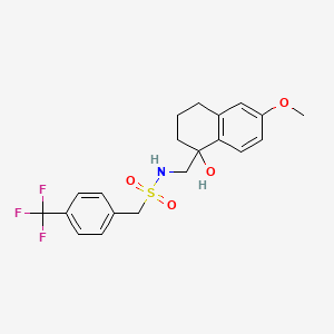 molecular formula C20H22F3NO4S B2862922 N-((1-hydroxy-6-methoxy-1,2,3,4-tetrahydronaphthalen-1-yl)methyl)-1-(4-(trifluoromethyl)phenyl)methanesulfonamide CAS No. 2034405-49-5