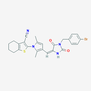 molecular formula C26H23BrN4O2S B286294 2-(3-{(E)-[1-(4-bromobenzyl)-2,5-dioxoimidazolidin-4-ylidene]methyl}-2,5-dimethyl-1H-pyrrol-1-yl)-4,5,6,7-tetrahydro-1-benzothiophene-3-carbonitrile 