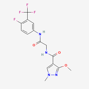 molecular formula C15H14F4N4O3 B2862946 N-(2-((4-fluoro-3-(trifluoromethyl)phenyl)amino)-2-oxoethyl)-3-methoxy-1-methyl-1H-pyrazole-4-carboxamide CAS No. 1251574-01-2