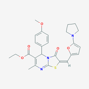 molecular formula C26H27N3O5S B286304 ethyl 5-(4-methoxyphenyl)-7-methyl-3-oxo-2-{[5-(1-pyrrolidinyl)-2-furyl]methylene}-2,3-dihydro-5H-[1,3]thiazolo[3,2-a]pyrimidine-6-carboxylate 