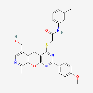 molecular formula C28H26N4O4S B2863047 2-{[6-(hydroxymethyl)-2-(4-methoxyphenyl)-9-methyl-5H-pyrido[4',3':5,6]pyrano[2,3-d]pyrimidin-4-yl]thio}-N-(3-methylphenyl)acetamide CAS No. 867040-58-2