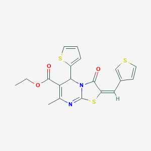 molecular formula C19H16N2O3S3 B286306 ethyl (2E)-7-methyl-3-oxo-5-(thiophen-2-yl)-2-(thiophen-3-ylmethylidene)-2,3-dihydro-5H-[1,3]thiazolo[3,2-a]pyrimidine-6-carboxylate 