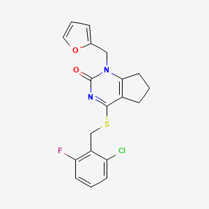 molecular formula C19H16ClFN2O2S B2863077 4-[(2-chloro-6-fluorophenyl)methylsulfanyl]-1-(furan-2-ylmethyl)-6,7-dihydro-5H-cyclopenta[d]pyrimidin-2-one CAS No. 899731-39-6