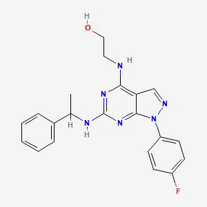 molecular formula C21H21FN6O B2863167 2-((1-(4-fluorophenyl)-6-((1-phenylethyl)amino)-1H-pyrazolo[3,4-d]pyrimidin-4-yl)amino)ethanol CAS No. 1207019-52-0