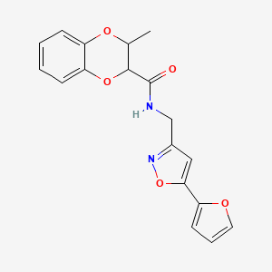 molecular formula C18H16N2O5 B2863196 N-((5-(furan-2-yl)isoxazol-3-yl)methyl)-3-methyl-2,3-dihydrobenzo[b][1,4]dioxine-2-carboxamide CAS No. 1210947-46-8