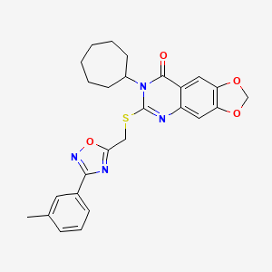 molecular formula C26H26N4O4S B2863199 7-环庚基-6-(((3-(间甲苯基)-1,2,4-恶二唑-5-基)甲基)硫基)-[1,3]二氧杂环[4,5-g]喹唑啉-8(7H)-酮 CAS No. 1116050-18-0
