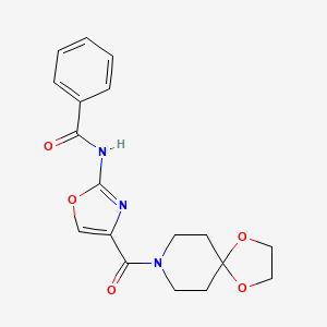 molecular formula C18H19N3O5 B2863218 N-(4-(1,4-二氧杂-8-氮杂螺[4.5]癸烷-8-羰基)恶唑-2-基)苯甲酰胺 CAS No. 1396709-60-6