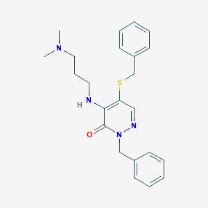 molecular formula C23H28N4OS B286322 2-benzyl-5-(benzylsulfanyl)-4-{[3-(dimethylamino)propyl]amino}-3(2H)-pyridazinone 
