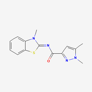 molecular formula C14H14N4OS B2863276 1,5-dimethyl-N-(3-methylbenzo[d]thiazol-2(3H)-ylidene)-1H-pyrazole-3-carboxamide CAS No. 1019105-75-9
