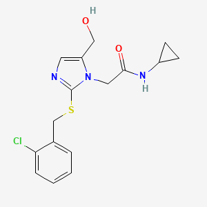 molecular formula C16H18ClN3O2S B2863340 2-(2-((2-chlorobenzyl)thio)-5-(hydroxymethyl)-1H-imidazol-1-yl)-N-cyclopropylacetamide CAS No. 921795-81-5