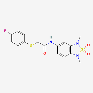 molecular formula C16H16FN3O3S2 B2863355 N-(1,3-dimethyl-2,2-dioxido-1,3-dihydrobenzo[c][1,2,5]thiadiazol-5-yl)-2-((4-fluorophenyl)thio)acetamide CAS No. 2034456-09-0
