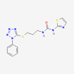 molecular formula C14H15N7OS2 B2863372 1-(3-((1-phenyl-1H-tetrazol-5-yl)thio)propyl)-3-(thiazol-2-yl)urea CAS No. 899741-05-0