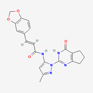 molecular formula C21H19N5O4 B2863385 (E)-3-(benzo[d][1,3]dioxol-5-yl)-N-(3-methyl-1-(4-oxo-4,5,6,7-tetrahydro-3H-cyclopenta[d]pyrimidin-2-yl)-1H-pyrazol-5-yl)acrylamide CAS No. 1002482-19-0