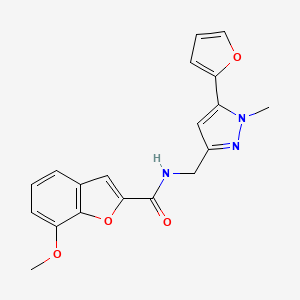 molecular formula C19H17N3O4 B2863391 N-((5-(furan-2-yl)-1-methyl-1H-pyrazol-3-yl)methyl)-7-methoxybenzofuran-2-carboxamide CAS No. 1421473-59-7