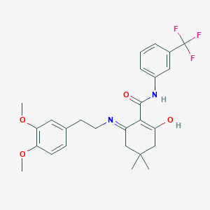 molecular formula C26H29F3N2O4 B2863449 (6-((2-(3,4-dimethoxyphenyl)ethyl)amino)-4,4-dimethyl-2-oxocyclohex-1-enyl)-N-(3-(trifluoromethyl)phenyl)formamide CAS No. 1023883-21-7