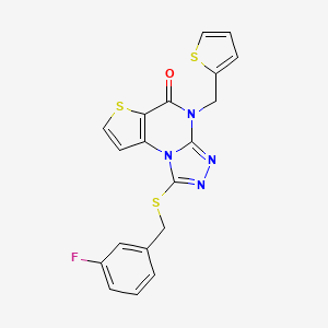 molecular formula C19H13FN4OS3 B2863459 1-((3-fluorobenzyl)thio)-4-(thiophen-2-ylmethyl)thieno[2,3-e][1,2,4]triazolo[4,3-a]pyrimidin-5(4H)-one CAS No. 1223991-71-6