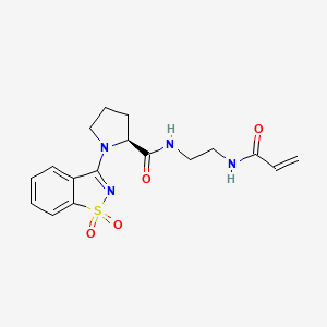molecular formula C17H20N4O4S B2863548 (2S)-1-(1,1-Dioxo-1,2-benzothiazol-3-yl)-N-[2-(prop-2-enoylamino)ethyl]pyrrolidine-2-carboxamide CAS No. 2361588-21-6