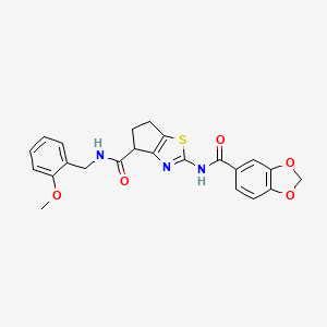 molecular formula C23H21N3O5S B2863564 2-(benzo[d][1,3]dioxole-5-carboxamido)-N-(2-methoxybenzyl)-5,6-dihydro-4H-cyclopenta[d]thiazole-4-carboxamide CAS No. 955699-77-1