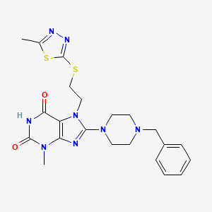 molecular formula C22H26N8O2S2 B2863589 8-(4-benzylpiperazin-1-yl)-3-methyl-7-(2-((5-methyl-1,3,4-thiadiazol-2-yl)thio)ethyl)-1H-purine-2,6(3H,7H)-dione CAS No. 850914-37-3