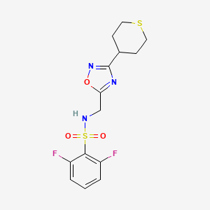 molecular formula C14H15F2N3O3S2 B2863619 2,6-difluoro-N-((3-(tetrahydro-2H-thiopyran-4-yl)-1,2,4-oxadiazol-5-yl)methyl)benzenesulfonamide CAS No. 2034555-87-6