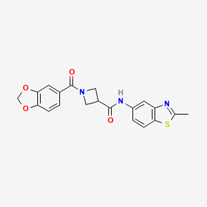 molecular formula C20H17N3O4S B2863624 1-(benzo[d][1,3]dioxole-5-carbonyl)-N-(2-methylbenzo[d]thiazol-5-yl)azetidine-3-carboxamide CAS No. 1396771-62-2