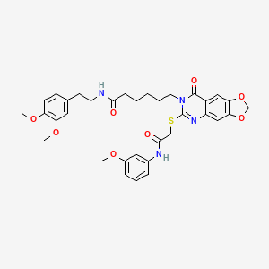 molecular formula C34H38N4O8S B2863625 N-(3,4-二甲氧基苯乙基)-6-(6-((2-((3-甲氧基苯基)氨基)-2-氧代乙基)硫)-8-氧代-[1,3]二氧杂环[4,5-g]喹唑啉-7(8H)-基)己酰胺 CAS No. 688061-75-8