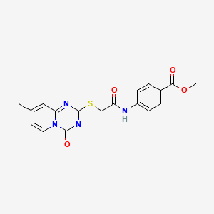 molecular formula C18H16N4O4S B2863627 Methyl 4-[[2-(8-methyl-4-oxopyrido[1,2-a][1,3,5]triazin-2-yl)sulfanylacetyl]amino]benzoate CAS No. 896331-03-6