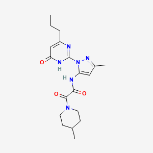 molecular formula C19H26N6O3 B2863636 N-(3-methyl-1-(6-oxo-4-propyl-1,6-dihydropyrimidin-2-yl)-1H-pyrazol-5-yl)-2-(4-methylpiperidin-1-yl)-2-oxoacetamide CAS No. 1013890-99-7