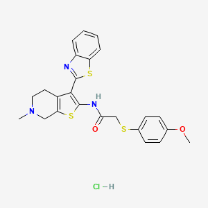 molecular formula C24H24ClN3O2S3 B2863650 N-(3-(苯并[d]噻唑-2-基)-6-甲基-4,5,6,7-四氢噻吩[2,3-c]吡啶-2-基)-2-((4-甲氧基苯基)硫代)乙酰胺盐酸盐 CAS No. 1329879-45-9