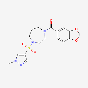molecular formula C17H20N4O5S B2863653 苯并[d][1,3]二氧杂环-5-基(4-((1-甲基-1H-吡唑-4-基)磺酰基)-1,4-二氮杂环-1-基)甲苯酮 CAS No. 2034543-15-0