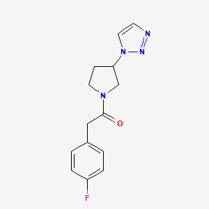 molecular formula C14H15FN4O B2863717 1-(3-(1H-1,2,3-triazol-1-yl)pyrrolidin-1-yl)-2-(4-fluorophenyl)ethanone CAS No. 2034442-25-4
