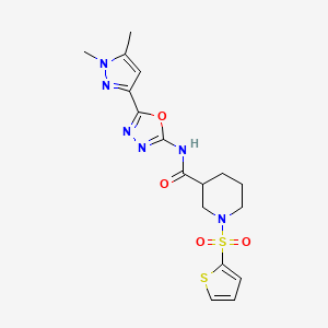 molecular formula C17H20N6O4S2 B2863740 N-(5-(1,5-dimethyl-1H-pyrazol-3-yl)-1,3,4-oxadiazol-2-yl)-1-(thiophen-2-ylsulfonyl)piperidine-3-carboxamide CAS No. 1020453-42-2