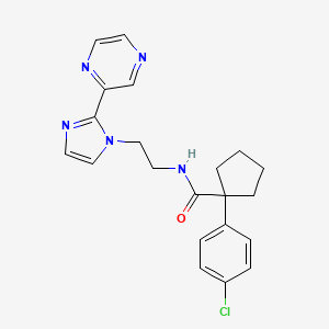 molecular formula C21H22ClN5O B2863748 1-(4-chlorophenyl)-N-(2-(2-(pyrazin-2-yl)-1H-imidazol-1-yl)ethyl)cyclopentanecarboxamide CAS No. 2034633-36-6