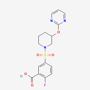 molecular formula C16H16FN3O5S B2863832 2-氟-5-((3-(嘧啶-2-基氧基)哌啶-1-基)磺酰基)苯甲酸 CAS No. 2034527-56-3