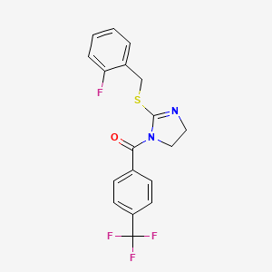 molecular formula C18H14F4N2OS B2863834 [2-[(2-Fluorophenyl)methylsulfanyl]-4,5-dihydroimidazol-1-yl]-[4-(trifluoromethyl)phenyl]methanone CAS No. 851807-08-4