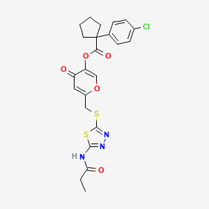 molecular formula C23H22ClN3O5S2 B2863840 4-氧代-6-(((5-丙酰胺基-1,3,4-噻二唑-2-基)硫代)甲基)-4H-吡喃-3-基 1-(4-氯苯基)环戊烷甲酸酯 CAS No. 896007-43-5