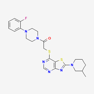 molecular formula C23H27FN6OS2 B2863843 1-(4-(2-Fluorophenyl)piperazin-1-yl)-2-((2-(3-methylpiperidin-1-yl)thiazolo[4,5-d]pyrimidin-7-yl)thio)ethanone CAS No. 1185036-06-9