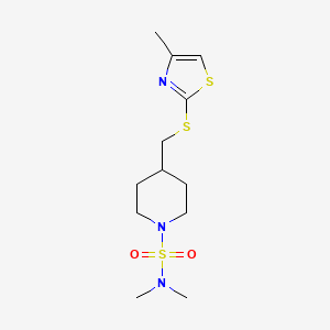molecular formula C12H21N3O2S3 B2863861 N,N-dimethyl-4-(((4-methylthiazol-2-yl)thio)methyl)piperidine-1-sulfonamide CAS No. 1428356-76-6