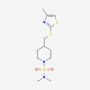 molecular formula C12H21N3O2S3 B2863861 N,N-二甲基-4-(((4-甲基噻唑-2-基)硫代)甲基)哌啶-1-磺酰胺 CAS No. 1428356-76-6