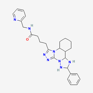 molecular formula C26H22N8O B2863874 4-{9-苯基-2,4,5,7,8,10-六氮杂四环[10.4.0.0^{2,6}.0^{7,11}]十六烷-1(16),3,5,8,10,12,14-七烯-3-基}-N-[(吡啶-2-基)甲基]丁酰胺 CAS No. 902621-91-4