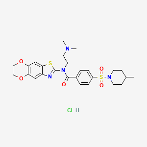 molecular formula C26H33ClN4O5S2 B2863886 N-(6,7-dihydro-[1,4]dioxino[2',3':4,5]benzo[1,2-d]thiazol-2-yl)-N-(2-(dimethylamino)ethyl)-4-((4-methylpiperidin-1-yl)sulfonyl)benzamide hydrochloride CAS No. 1321779-11-6